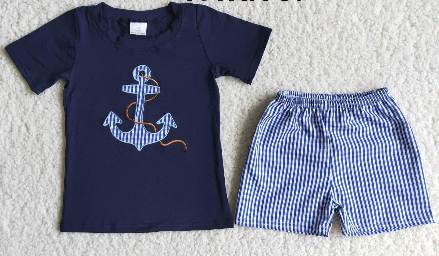 Navy Anchor Gingham Shorts Set