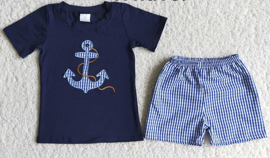 Navy Anchor Gingham Shorts Set